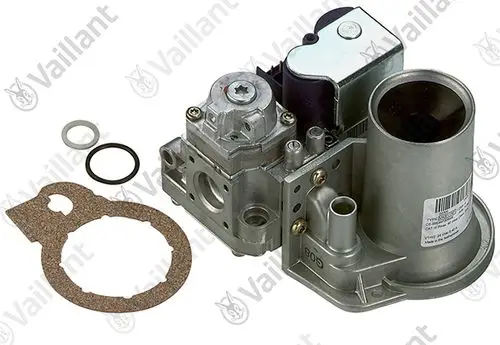 Gasarmatur von Vaillant mit mehreren Anschlüssen und Gummidichtungen. Sie besteht aus Metall und enthält eine elektrische Komponente zur Regelung des Gasflusses.